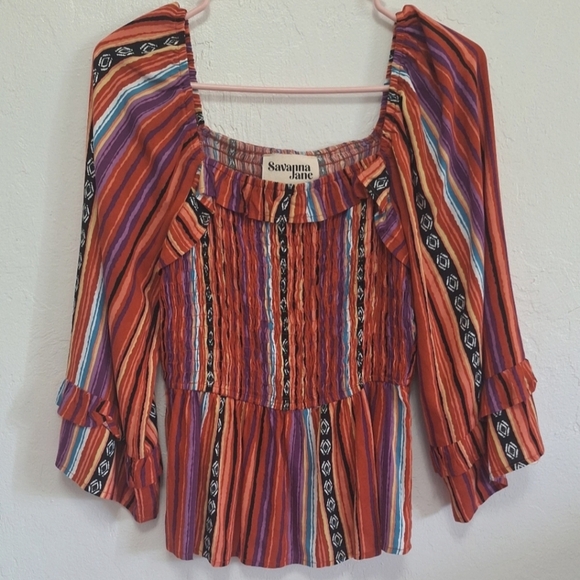 Savanna Jane Women's Smock Top Aztec Separe Striped Print Peplum Western Size S - Picture 3 of 6